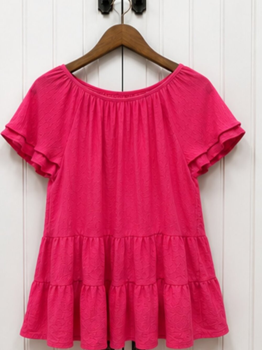 Counterparts Pink Flutter Sleeve Tiered Blouse Medium Boho Peplum Top - Picture 2 of 7